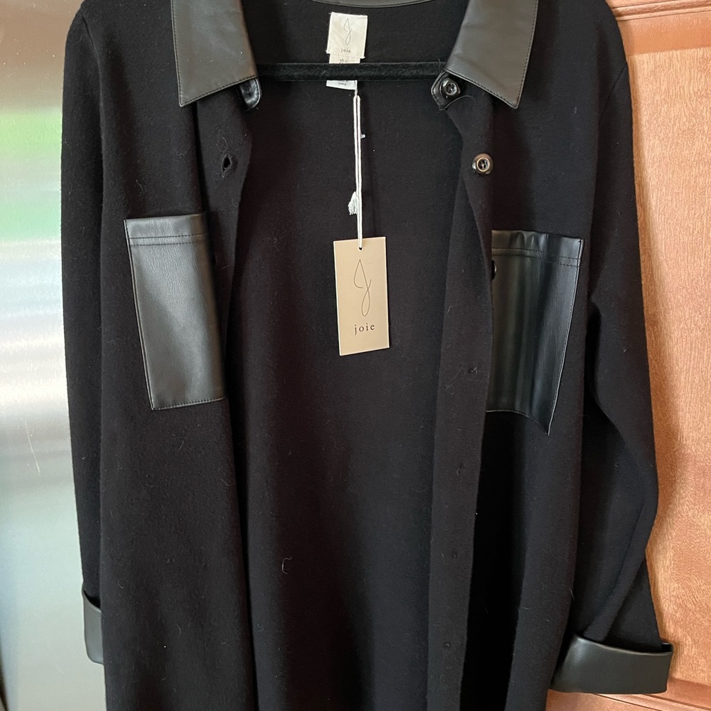 Black Shacket Joie button down knit material w/ faux leather trim size large NWT